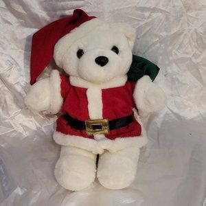 Vintage MTY International Cute White Bear Plush wearing a Santa Outfit with Bag
